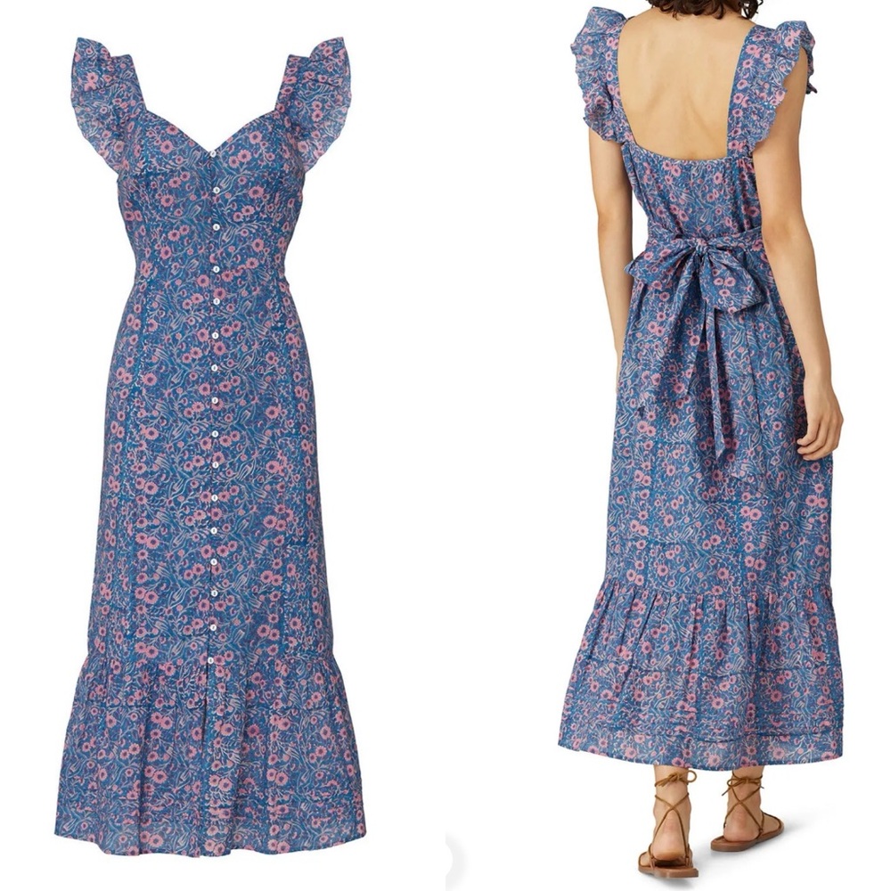 Cleobella Sophia Floral Midi Dress Ruffle Button Down 100% Cotton Large